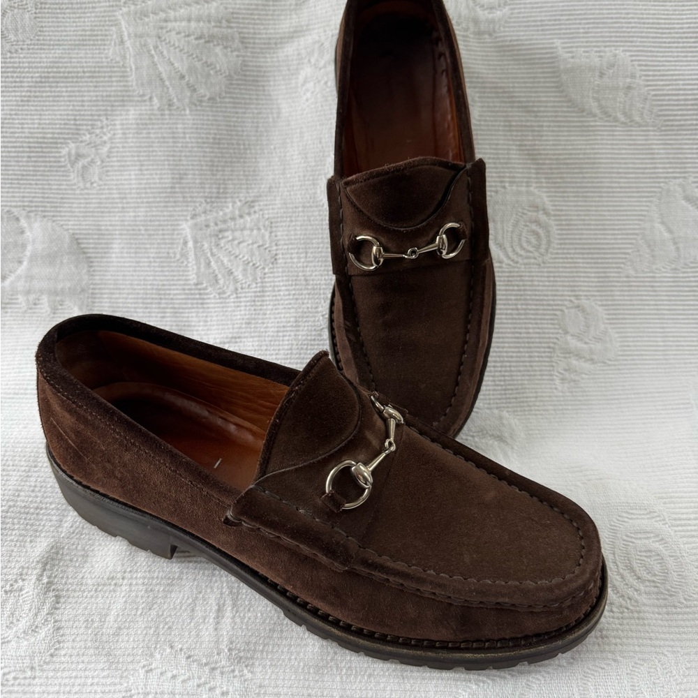 Vintage Classic Gucci Brown Suede Lug Sole Loafers Size 8.5 shoe trees not incl